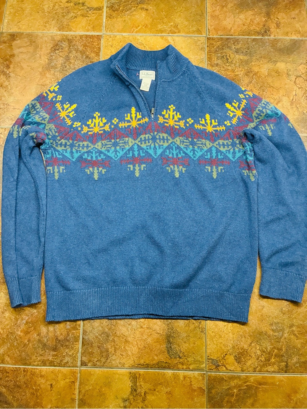 L.L. Bean Blue Half-Zip Fair Isle Sweater with Yellow and Red Accents